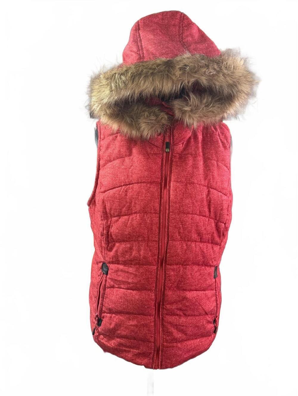 Green Tea Puffer Vest Womens Medium Red Orange Faux Fur Hood Sherpa Lined Gorp